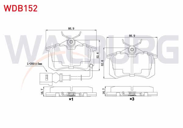 WALBURG WDB152 | Fren Balata Arka Fişli VW Polo (9N_) 1.6İ 16V 2001-2012 / 1.4 TDI 2001-2012 / 1.4İ 16V 2001-2012 / 1.9 TDI 2001-2012 / A3 (8P1) 1.6 2003-2012 / 1.8 T 2003-2012 / A1 (8X1) 1.4 TFSI 2010 -