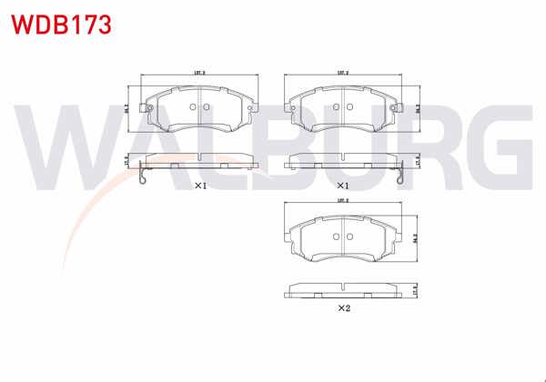 WALBURG WDB173 | Fren Balata Ön Ikazlı Hyundai Elantra I-II 1.5 1990-2000 / 1.6İ 16V 1990-2000 / Sonata I 2.0İ 16V 1988-1993 / Magentis 2.0 CRDI 2001-2005 / 2.0İ 16V 2001-2005 / Ssangyong Korando (Kj) 2.9 D 1996-2010