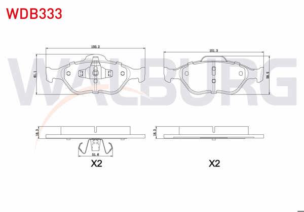 WALBURG WDB333 | Fren Balata Ön Ford Fiesta V 1.4 TDCI 2001-2008 / 1.6 TDCI 2001-2008 / 1.25İ 2001-2008 / 1.4İ 16V 2001-2008 / Fiesta IV 1.25İ 16V 1996-2002 / 1.4İ 16V 1996-2002 / Ford Ka 1.2 1996-2008 / Ka 1.3 1996-2008