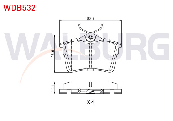 WALBURG WDB532 | Fren Balata Arka Peugeot Partner 1.6 HDI 2008-/ 308 (4A,4C) 1.4 HDI 2007-2013 / 1.6 HDI 2007-2013 / 1.6 VTI 2007-2013 / Citroen Berlingo 1.6 HDI 2008 -