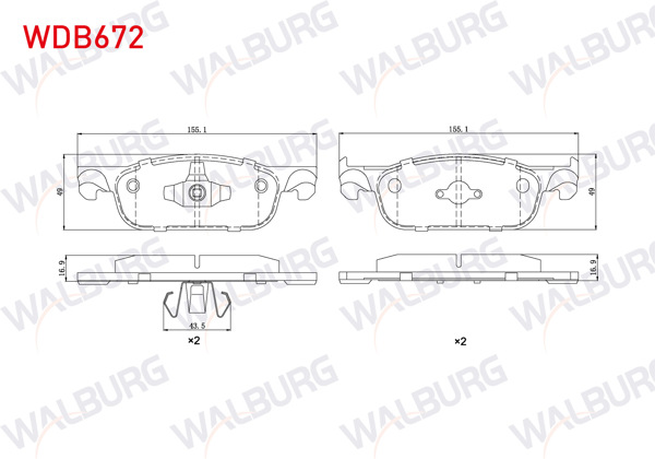 WALBURG WDB672 | Fren Balata Ön Renault Clio IV 1.5 DCI 2012-/ Clio IV 0.9 TCE 2012-/ Clio IV 1.2 16V 2012-/ Clio IV 1.6 2012-/ Dacia Logan II 1.5 DCI 2012-/ Logan II 1.2 2012 -