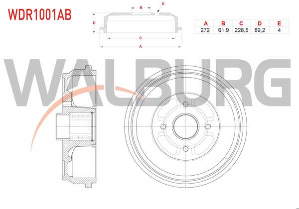 WALBURG WDR1001AB | Fren Kampanası Arka Rulmanlı ABS Okuyuculu 4 Delik 272X61,93X228,5X89,2 Renault Kangoo (Kw0 / 1) 1.5 DCI 2008 -
