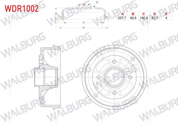 WALBURG WDR1002 | Fren Kampanası Arka 4 Delik 207,7X51,92X180,4X82,7 Renault 9 1.4 1985-2000 / Clio II 1.2İ-1.4İ 1998-2005
