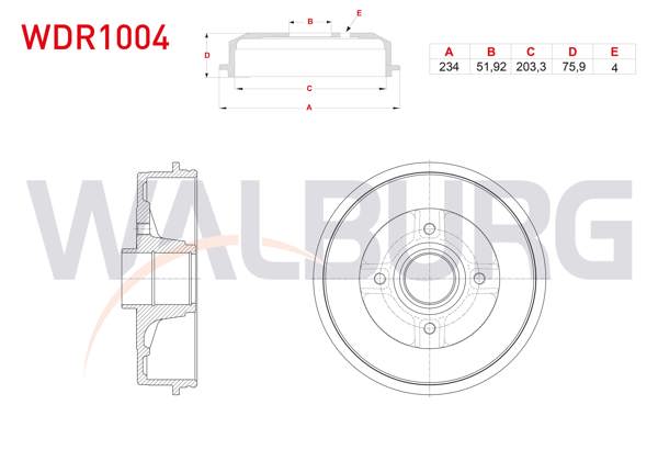 WALBURG WDR1004 | Fren Kampanası Arka (ABS'li Tip) 4 Delik 234X51,92X203,3X75,9 Renault Clio II, III 1998-2012 / Megane II 2002-2008 / Symbol II 2008-2012 / Modus 2004-/ Dacia Logan 2004-2012 / R19