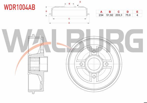 WALBURG WDR1004AB | Fren Kampanası Arka Rulmanlı ABS'li 4 Delik 234X51,92X203,3X75,9 Renault Clio II 1998-2005 / Megane II 2002-2008 / Symbol II 2008-2012 / Dacia Logan 2004-2012