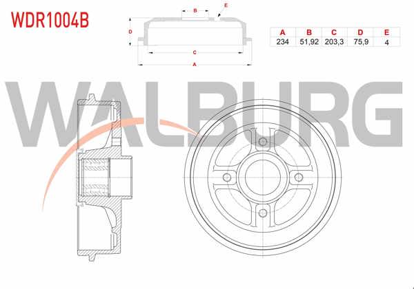 WALBURG WDR1004B | Fren Kampanası Arka Rulmanlı 4 Delik 234X51,92X203,3X75,9 Renault Clio II 1998-2005 / Megane II 2002-2008 / Symbol II 2008-2012 / Dacia Logan 2004-2012 / R19