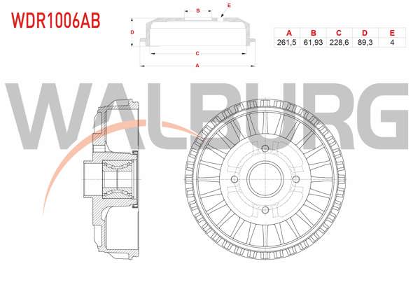 WALBURG WDR1006AB | Fren Kampanası Arka Rulmanlı ABS Okuyuculu Tırnaklı 4 Delik 261,5X61,93X228,6X89,3 Renault Clio IV 1.2 TCE-1.5 DCI 2012 / Kangoo 1.5 DCI 2008-/ Captur 1.2-1.5 DCI 2013 -