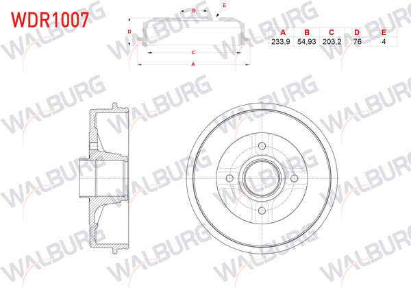 WALBURG WDR1007 | Fren Kampanası Arka Küçük Tip 4 Delik 233,9X54,93X203,2X76 Renault Kangoo 1.5 DCI-1.9 Dtı 1998-2008