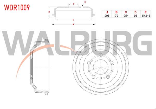 WALBURG WDR1009 | Fren Kampanası Arka 5 Delik 298X79x254x98 18Q Fiat Ducato 2.0 JTD-2.5 TDI-2.8 TDI 1994-2002 / Citroen Jumper 2.8 HDI 1994-2002 / Peugeot Boxer 2.8 HDI 1994-2002