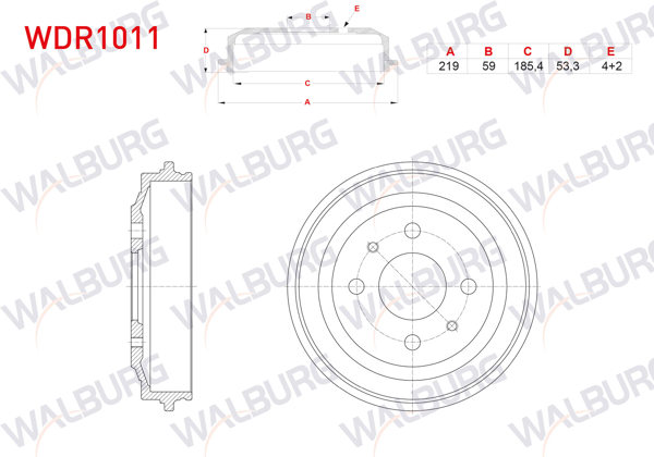WALBURG WDR1011 | Fren Kampanası Arka 4 Delik 219X59x185,4X53,3 Fiat Uno 70 1.4İ 1994-2000 / Uno 60 1.1 1983-1996