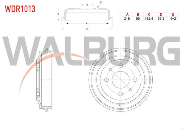 WALBURG WDR1013 | Fren Kampanası Arka 4 Delik 219X59x185,4X53,3 Fiat Palio 1.2İ 16V 1996-2005