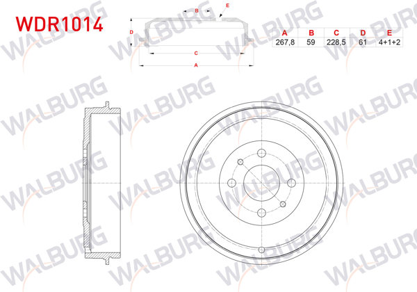 WALBURG WDR1014 | Fren Kampanası Arka 4 Delik 267,8X59x228,5X61 Fiat Doblo 1.3 JTD-1.9 JTD 2001-2010 / Fiorino 1.3 Mjt 1998-2005 / Linea 1.3 Mjt 2007 -