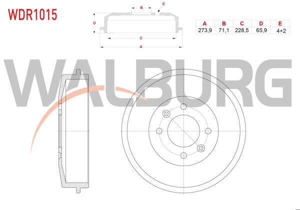 WALBURG WDR1015 | Fren Kampanası Arka 4 Delik 273,9X71,1X228,5X65,9 Citroen Berlingo 1.9 D-1.6 HDI 1996-2008 / Xsara 1.4 HDI-1.6 1997-2005 / Peugeot Partner 1.6 HDI-1.9 D 1996-2008 / 306 1.6İ-1.8İ 1993-2002