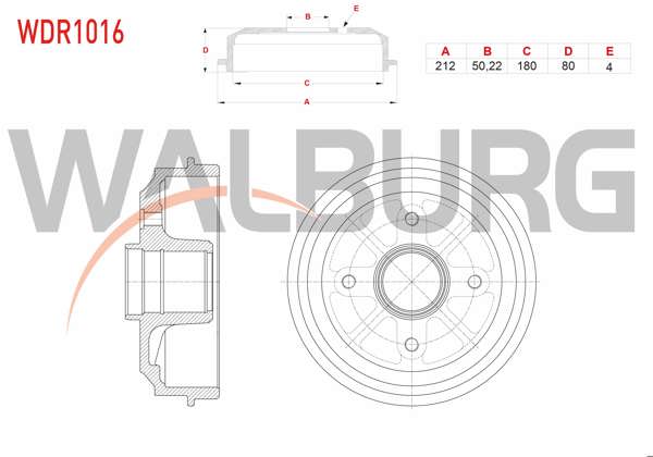 WALBURG WDR1016 | Fren Kampanası Arka 4 Delik 212X50,22X180x80 Peugeot 106 1.4İ-1.6İ 1996-2002 / 206 1.4İ-1.6İ 1998-2006 / Citroen Saxo 1.4-1.5 D 1996-2004