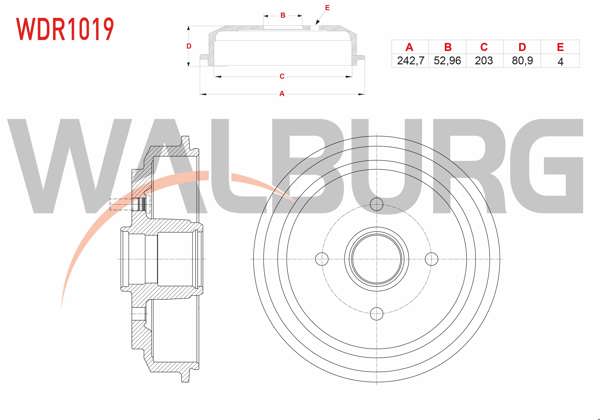 WALBURG WDR1019 | Fren Kampanası Arka 4 Delik 242,7X52,96X203x80,9 Ford Fiesta V 1.25İ-1.4İ 16V-1.4 TDCI-1.6 TDCI 2001-2008 / Fusion 1.4 TDCI-1.6 TDCI-1.6İ 2002-2010