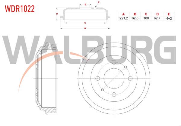 WALBURG WDR1022 | Fren Kampanası Arka 4 Delik 221,2X62,6X180x62,7 Hyundai Accent Mılenıum 1.5 CRDI-1.6 2000-2002