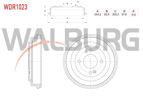 WALBURG WDR1023 | Fren Kampanası Arka 4 Delik 243,2X62,5X203,2X57,6 Hyundai Accent Era 1.4İ-1.5 CRDI-1.6 Cvvt 2006-2012 / i20 1.2 D-Cvvt-1.4 CRDI-1.4 Cvvt 2008-2015 / Kia Rio II 1.4İ-1.5 CRDI 2006-2011