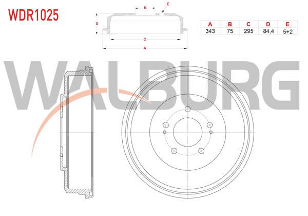 WALBURG WDR1025 | Fren Kampanası Arka 5 Delik 343X75x295x84,4 Hyundai H1 Starex 2.5 CRDI 2008 -