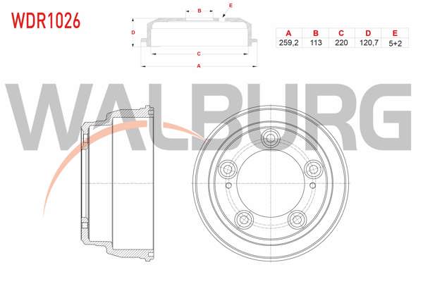 WALBURG WDR1026 | Fren Kampanası Arka 5 Delik 259,2X113x220x120,7 Hyundai H100 Kamyonet 2.5 D 2004 -