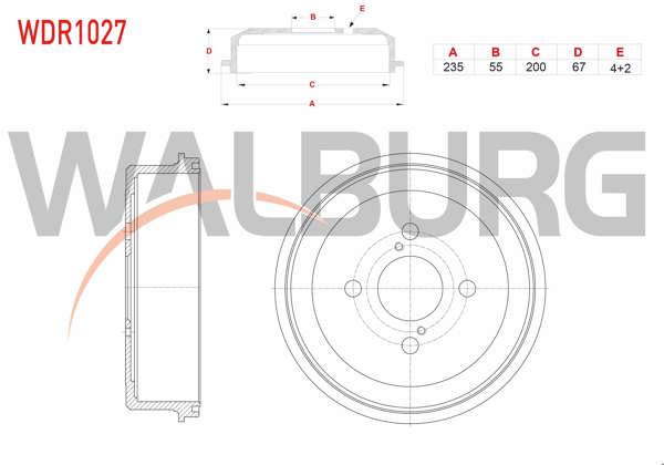 WALBURG WDR1027 | Fren Kampanası Arka 4 Delik 235X55x200x67 Toyota Corolla 1.3İ-1.6İ 1992-1997 / Corolla 1.3İ-1.4İ-1.6İ 1997-2002