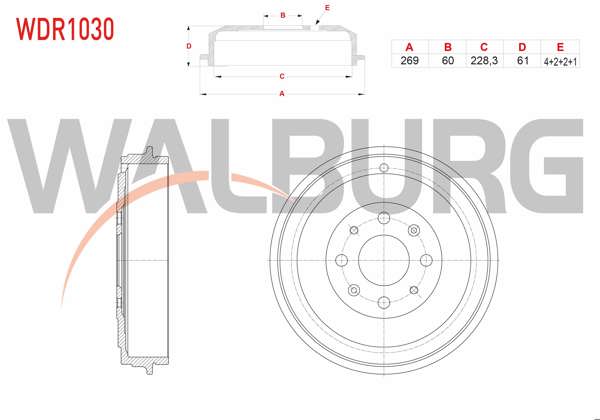WALBURG WDR1030 | Fren Kampanası Arka 4 Delik 269X60x228,3X61 Fiat G.Punto 1.3 Mjt-1.4 2005-2012 / G.Punto Evo 1.3 Mjt-1.4 2008-2012 / Opel Corsa D 1.2-1.4-1.3 CDTI 2006-2014 / Corsa E 1.2-1.4-1.3 CDTI 2014 -