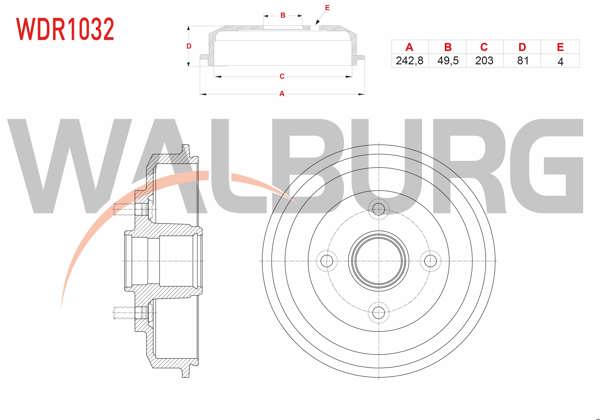 WALBURG WDR1032 | Fren Kampanası Arka 4 Delik 242,8X49,5X203x81 Ford Focus 1.6İ 16V-1.6 TDCI-1.8 TDCI 1998-2004