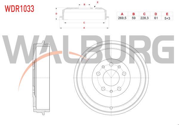 WALBURG WDR1033 | Fren Kampanası Arka 5 Delik 269,5X59x228,3X61 Fiat Doblo 1.3 Mjt-1.6 Mjt 2010-/ Egea 1.3 Mjt 2015-/ Opel Combo 1.3 CDTI-1.6 CDTI 2012 -
