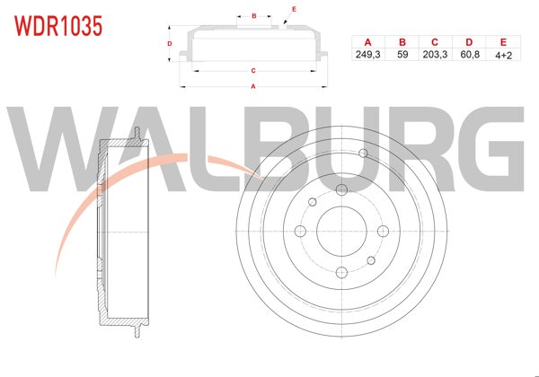 WALBURG WDR1035 | Fren Kampanası Arka 4 Delik Fiat Marea 1996-2007 / Brava 1995-2002 / Punto 1999-2009