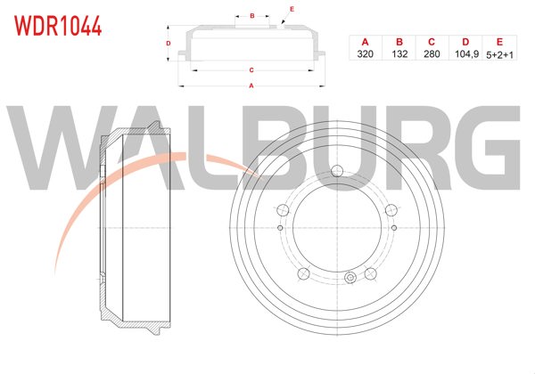 WALBURG WDR1044 | Fren Kampanası Arka 5 Delik 320X132x280x104,9 Renault Master I 2.5 D-2.8 Dtı 1998-2003 / Opel Movano A 2.8 Dtı 2001-2003