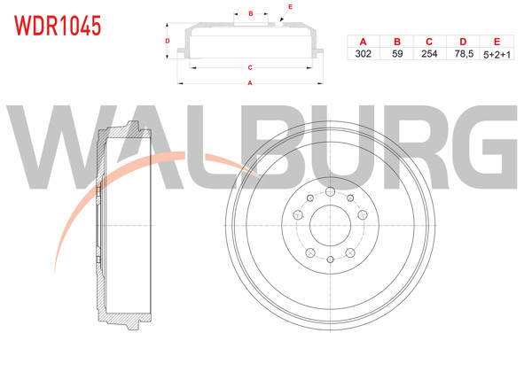WALBURG WDR1045 | Fren Kampanası Arka 5 Delik 302X59x254x78,5 Fiat Doblo 1.3 Mjt-1.6 Mjt 2010 -