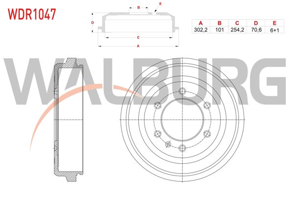 WALBURG WDR1047 | Fren Kampanası Arka 6 Delik 302,2X101x254,2X70,6 Isuzu D-Max 2.5 Dıtd-3.0 Dıtd 2007-2011