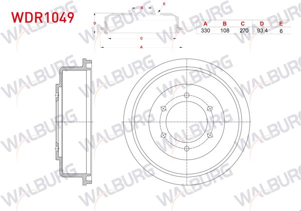WALBURG WDR1049 | Fren Kampanası Arka 6 Delik 330X108x270x93,4 Mitsubishi L 200 (K7t,K6t) 2.5 TD 1996-2007