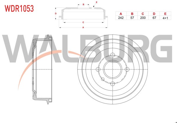 WALBURG WDR1053 | Fren Kampanası Arka 4 Delik 242X57x200x67 Opel Astra F 1.4İ-1.6İ 1991-1998 / Astra F Classic 1.4İ-1.6İ 1998-2002