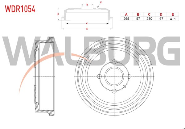WALBURG WDR1054 | Fren Kampanası Arka 4 Delik 265X57x230x67 Opel Astra G 1.2-1.4-1.6-1.7 Dtı 1998-2005 / Vectra B 1.6İ-2.0 Dı 1995-2003 / Vectra B 1.6İ 1995-2003