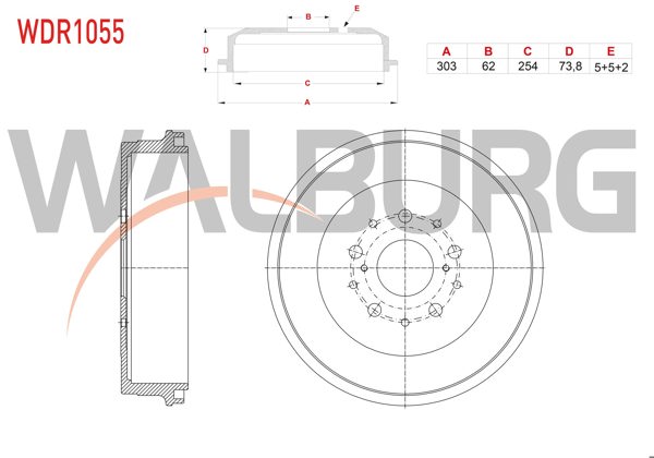 WALBURG WDR1055 | Fren Kampanası Arka 5 Delik 303X62x254x73,8 Toyota Hilux (_N1_,_N2_,_N3_) 2.5 D-4D 2005-2011