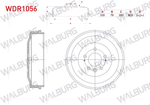 WALBURG WDR1056 | Fren Kampanası Arka 5 Delik 335X76x295x95,5 Volkswagen Amarok 2.0 TDI-2.0 Bıtdı 2010 -