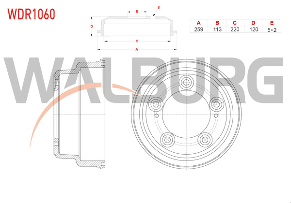 WALBURG WDR1060 | Fren Kampanası Arka 5 Delik 259X113x220x120 Hyundai H100 (Kamyonet) 2.5 D 1993-2004