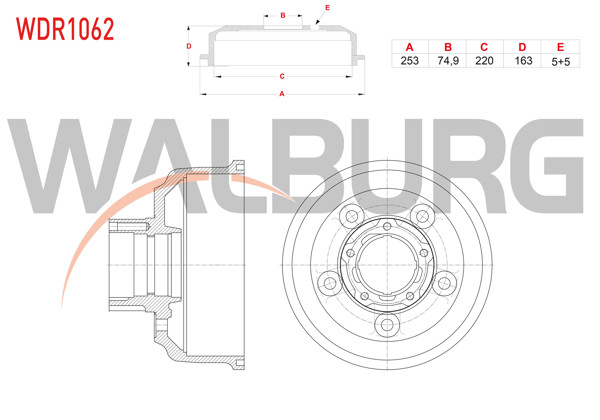 WALBURG WDR1062 | Fren Kampanası Arka 5 Delik 253X74,9X220x163 Kia Bongo 2.5 CRDI 2012-2016 / K2500 2.5 CRDI 2009 -