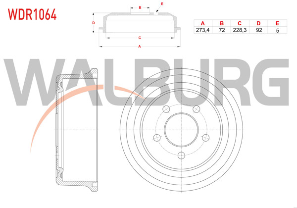 WALBURG WDR1064 | Fren Kampanası Arka 5 Delik 273,4X72x228,3X92 Jeep Cherokee 2.5 Crd-2.8 Crd-2.4-3.7 4X4 2001-2008 / Cherokee 2.5 TD-4.0İ 4X4 1984-2001 / Jeep Wrangler I-II 2.5-4.0İ 1986-2008