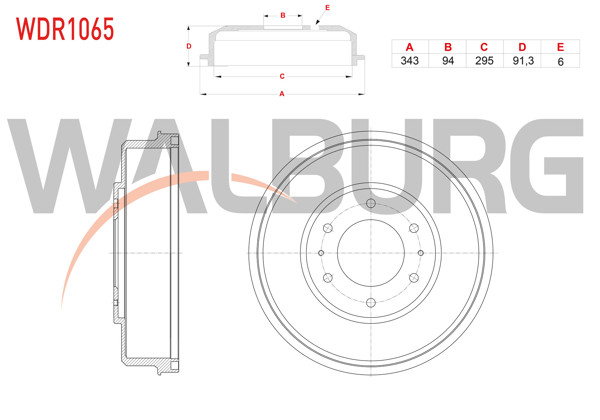 WALBURG WDR1065 | Fren Kampanası Arka 6 Delik 343X94x295x91,3 Mitsubishi L 200 Trıton (Ka_T, Kb_T) 2.5 Dı-D 2005-2015 / L 200 Trıton (Kj_, Kk_, Kl_) 2.5 Dı-D 2015-/ Fiat Fullback Pick-Up 2.4 D 2016 -