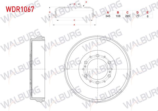 WALBURG WDR1067 | Fren Kampanası Arka 6 Delik 345X108x295x77 Toyota Hilux VI 2.5 D-4D 2001-2005 / Hilux VII 2.5-3.0 D-4D 4Wd 2006-2015 / Hilux VII 2.4 D 2015 -