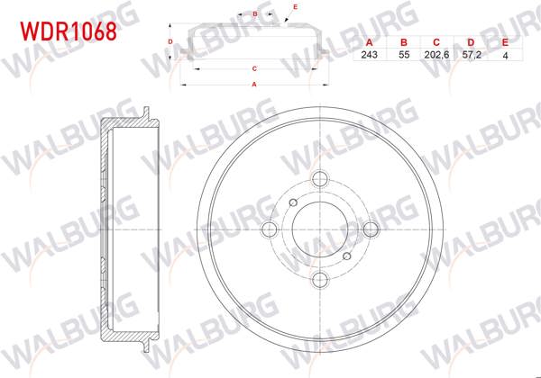 WALBURG WDR1068 | Fren Kampanası Arka 4 Delik 243X57,2X202,6X57,2 Toyota Yaris (_P9_) 1.0 Vvt-I-1.33Vvt-I-1.4 D-4D 2005-2012 / Yaris (_P13_) 1.0 Vvt-I-1.3 Vvt-I-1.4 D-4D-1.5 Hybrıd 2011 -