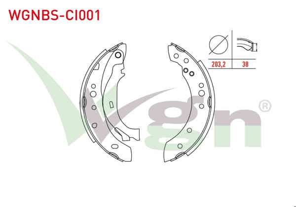 WGN WGNBS-CI001 | Fren Pabuç Balata Arka Symbol II 1.5 DCI Levyelı 203,2X38 mm 2008-2012 / C3 1.4 HDI 2002-2009 / Logan 1.5 DCI 2004-2012 / 206 1.4 HDI 1998-2006 / Laguna I 1.9 Dtı 1993-2001 / Twingo 1.2 1993-2007