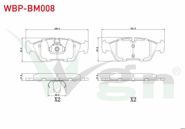 WGN WBP-BM008 | Fren Balata Ön BMW 3 Serisi (E36) 318 İ 1990-1998 / (E36) 320 İ 1990-1998 / 3 Serisi (E46) 316 İ 1998-2005 / (E46) 318 İ 1998-2005 / (E46) 320 D 1998-2005 / (E46) 325 İ 1998-2005 / (E46) 330 Cd 1998-2005