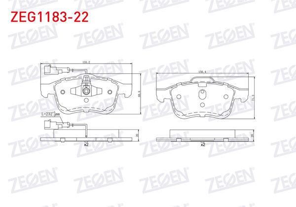 ZEGEN ZEG1183-22 | Fren Balata Ön Çift Fişli Fiat Doblo (152,263) 1.6 Mjt 2010-/ Doblo (152,263) 1.3 Mjt 2010-/ Doblo (152,263) 1.9 Mjt 2010-/ Opel Combo D 1.6 CDTI 2012 -