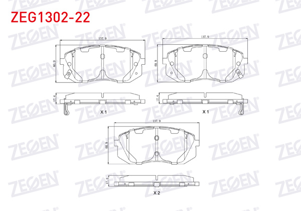 ZEGEN ZEG1302-22 | Fren Balata Ön Ikazlı Tel Delikli Kia Sportage 1.6 GDI 2010-/ Sportage 2.0 CRDI 2010-/ Sportage 2.0 CRDI 2015-/ Sportage 1.6 GDI 2015-/ Hyundai Tucson 1.6 GDI 2015-/ Hyundai Ix35 1.6 GDI 2010 -