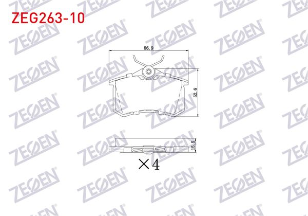 ZEGEN ZEG263-10 | Fren Balata Arka 15,5mm Golf IV-V-VI / Jetta V-VI / Polo III-IV-V-VI / Caddy III / Clio III / Megane III-IV / 207 / 208 / 307 / 308 / Partner / C3 II-III / C4 II / A3 II / A4 II-III / A6 II / Leon II-III / Ibiza III-IV / Crossland