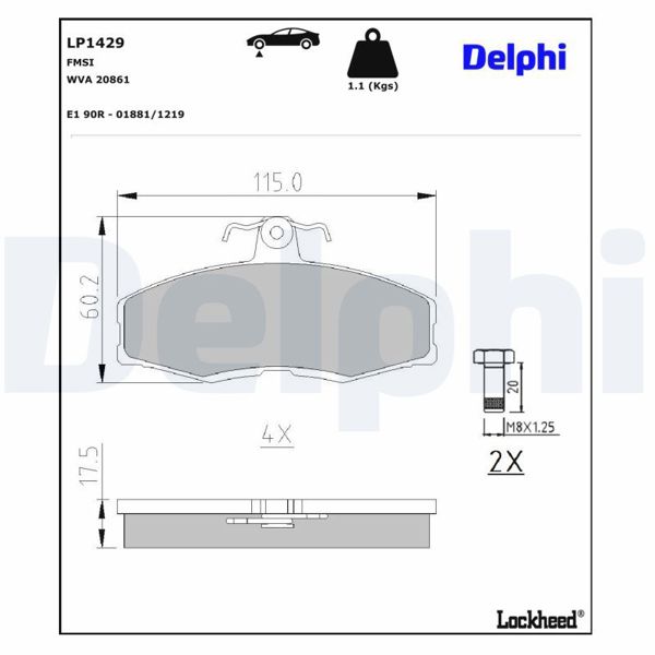 DELPHI LP1429 | Fren Balatası Ön Skoda Favorit 1.3 88-95, Felicia I 1.3 / 1.9 95-99, VW Caddy II 1.6 / 1.9 96-00