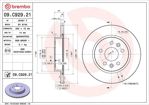 BREMBO 09.C929.21 | Fren Diski Arka UV Kaplamalı Austral Megane E-Tech Yeni Kangoo | 2 Adet