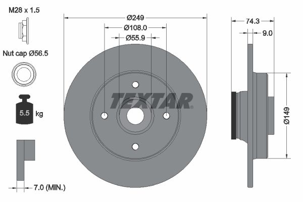 TEXTAR 92194103 | Fren Diski Peugeot 308 / Citroen C4 / Ds4 249mm Rulmanlı Arka | 2 Adet